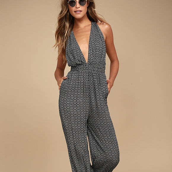Lulus Pants - Lulu's take a trip black print halter jumpsuit